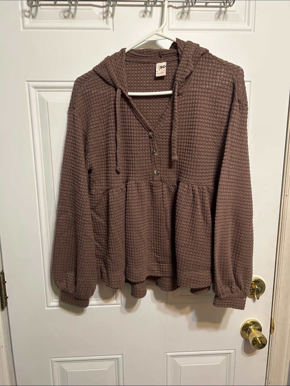 SO Waffle-Knit Hooded Henley Peplum Top in a Light Brown